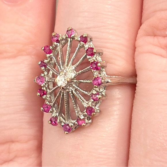Plainsville Stock Company Jewelry - Vintage 14K PSCO Natural Ruby Diamond Ring Art Nouveau Size 7 Filigree Starburst